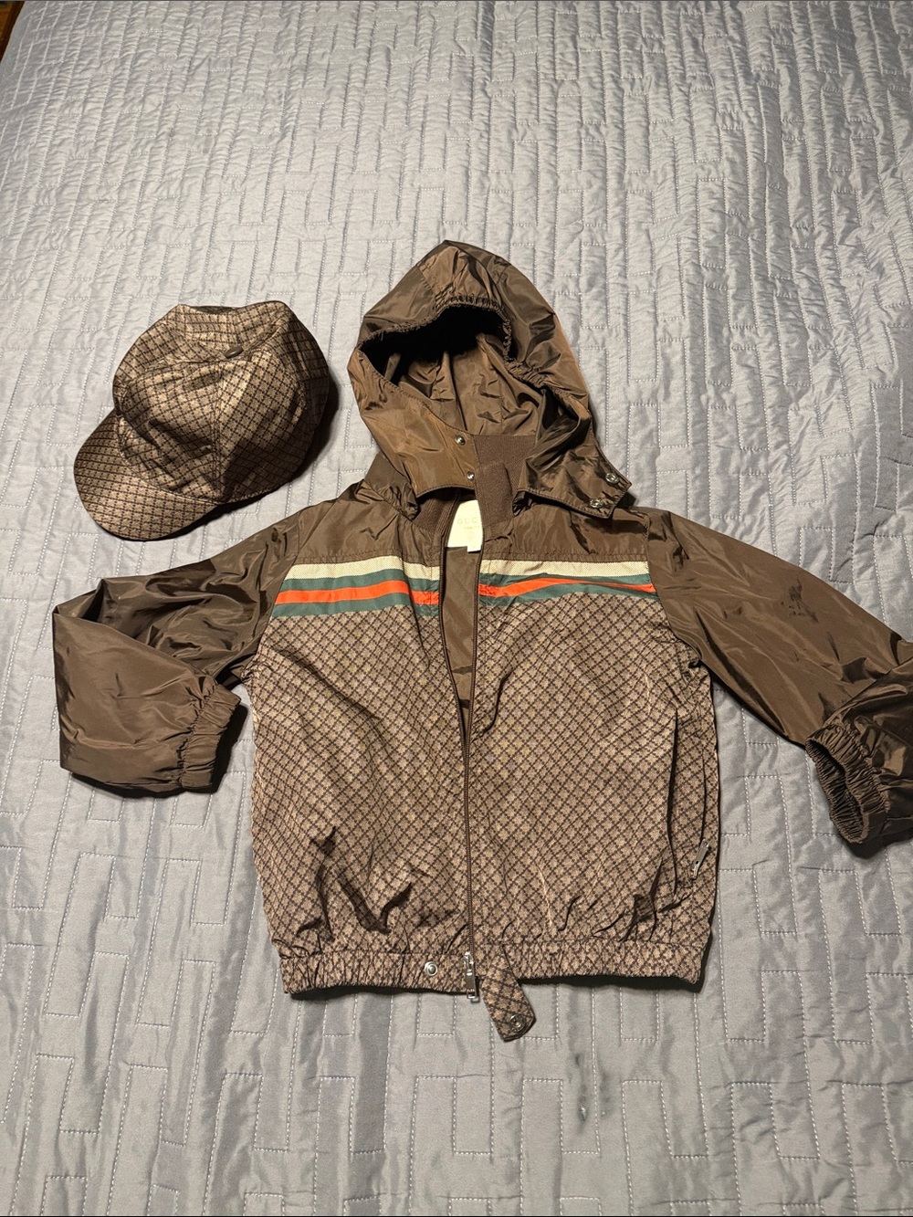 Kids Brown Hooded Windbreaker Jacket with Stripe Detail